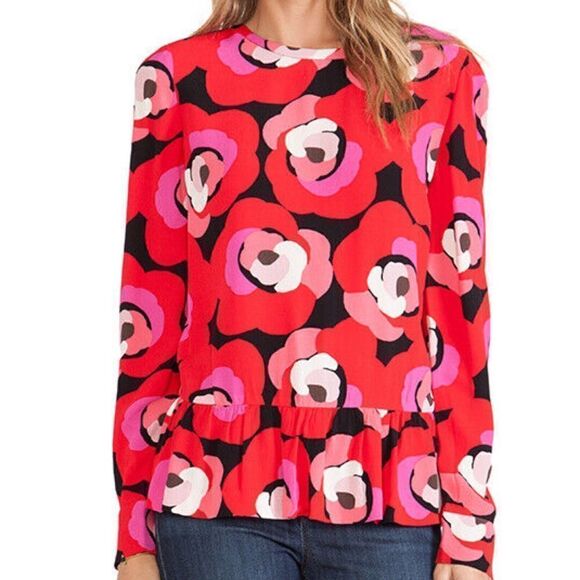 Kate Spade Deco Rose Peplum Top in Orient Red Women’s 2 - Picture 1 of 5